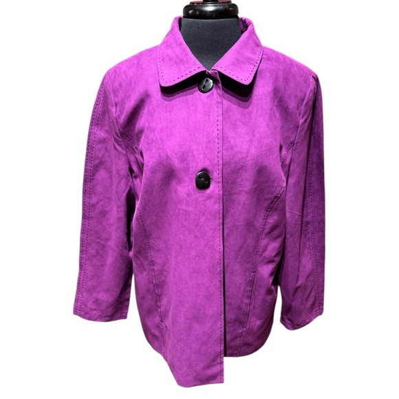 Maggie Barnes Faux Suede Jacket 0X 14/16W Purple Animal Print Lining NWOT - Picture 1 of 7